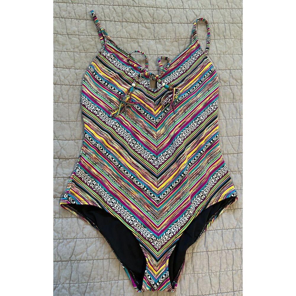 Lucky Brand Swimwear One Piece Swimsuit Multicolor Chevron Adjustable Size Large